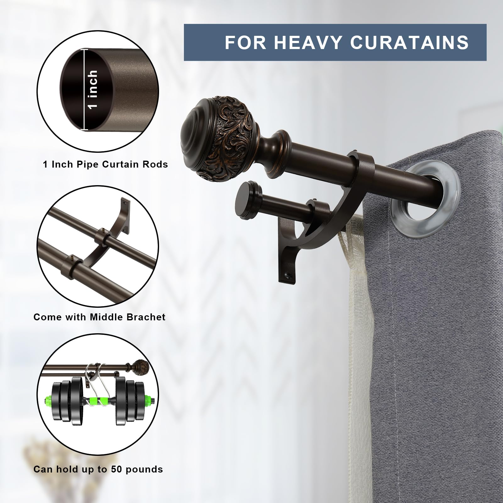 YuMierle telescoping front and back rods fit multiple curtain styles