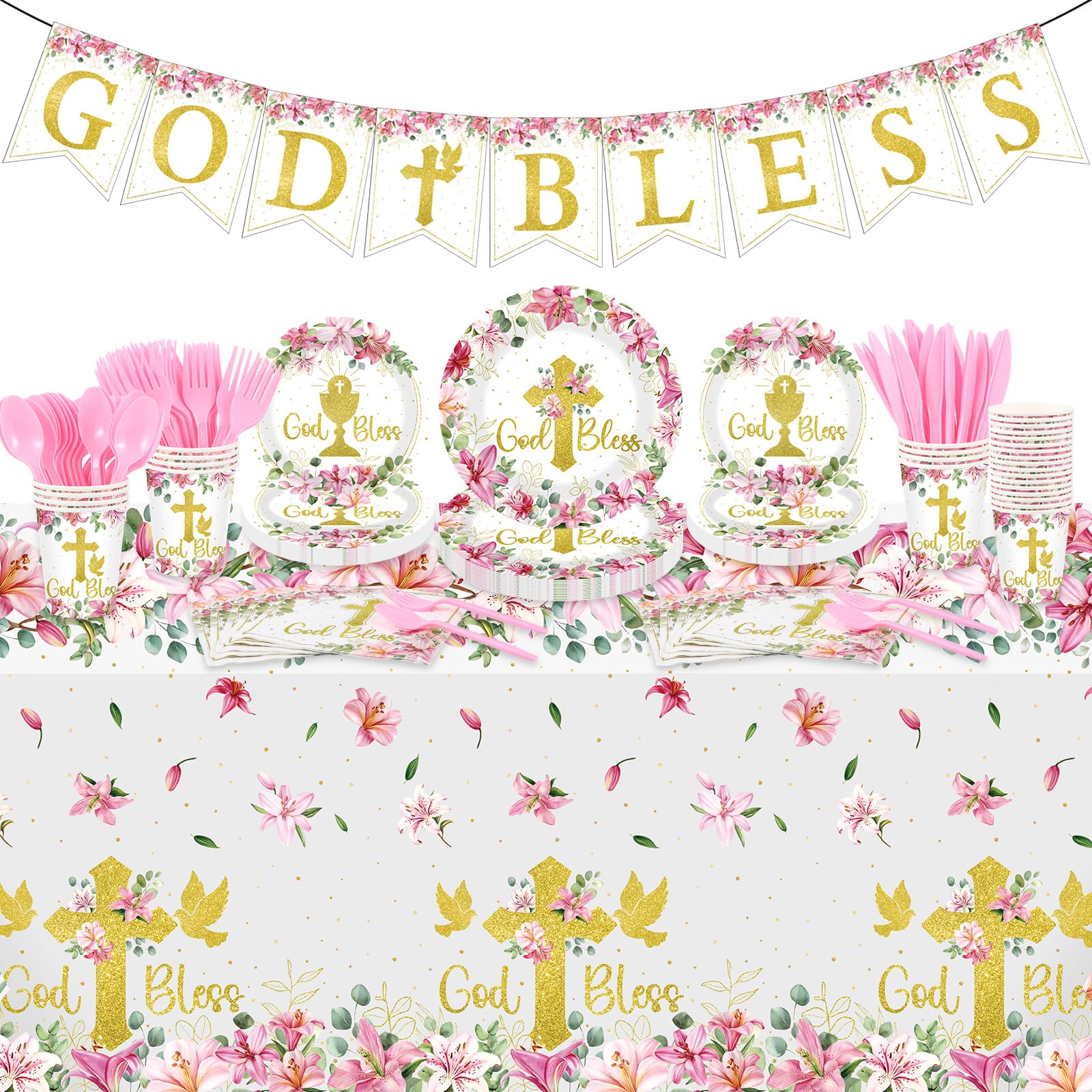 Yungyan God Bless 7-inch dessert plates for elegant christening tables.