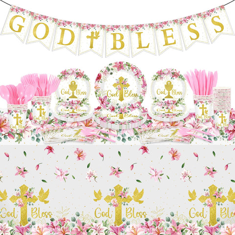 Yungyan God Bless 7-inch dessert plates for elegant christening tables.