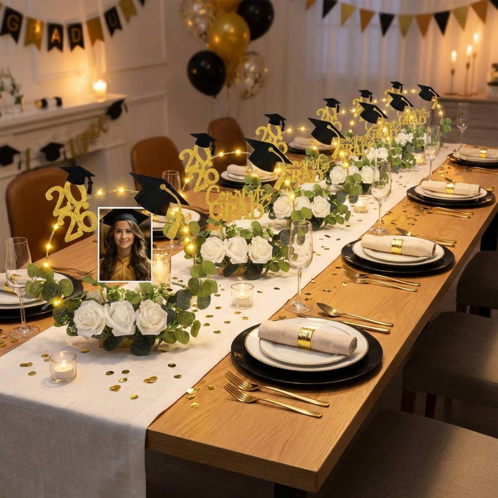 Yunsailing 48 artificial roses create soft romantic accents on centerpieces.