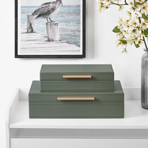 YUNSCEND decorative box green closeup highlights gold handles and stitching