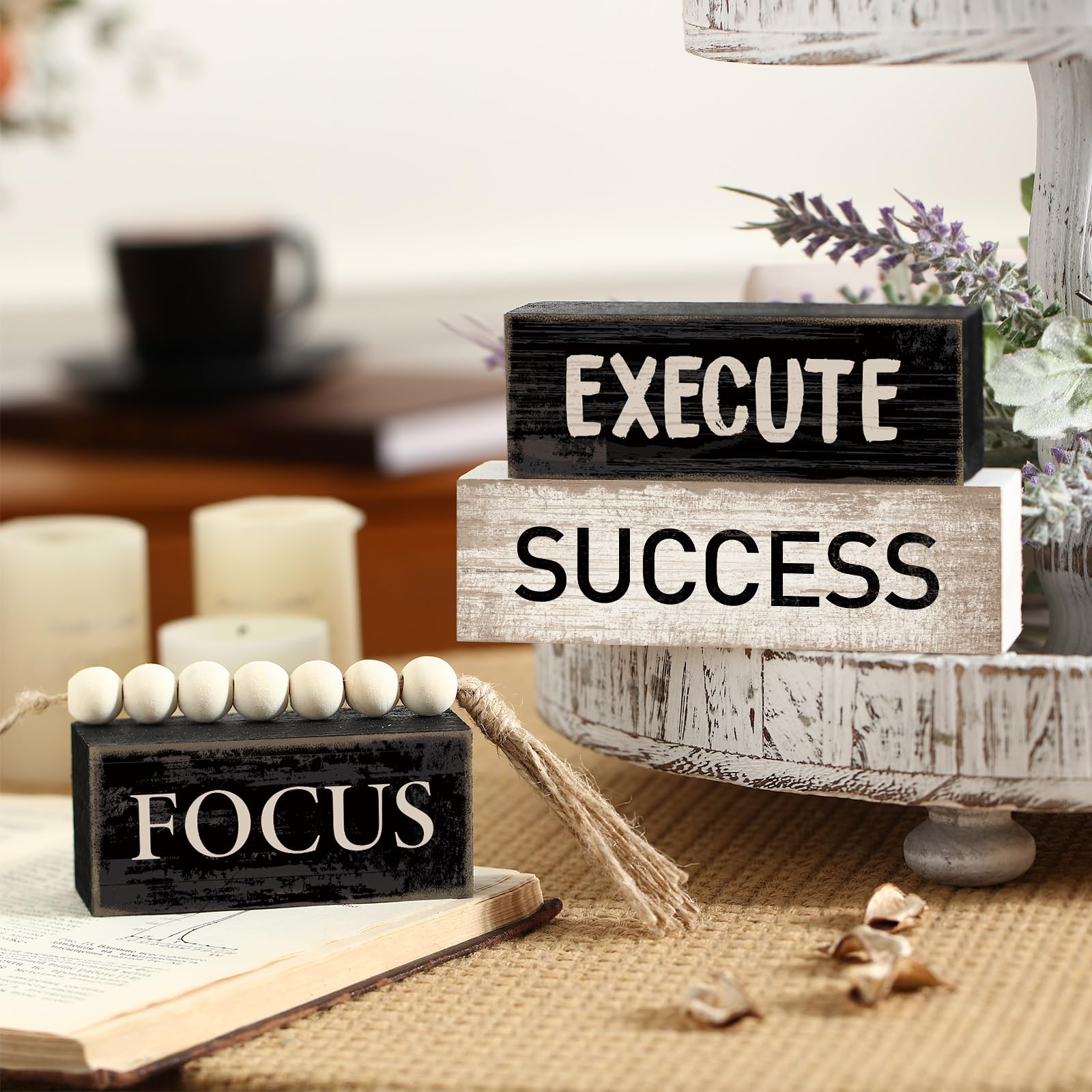 Yuntau motivational books stack decoration enhances bookshelf styling.