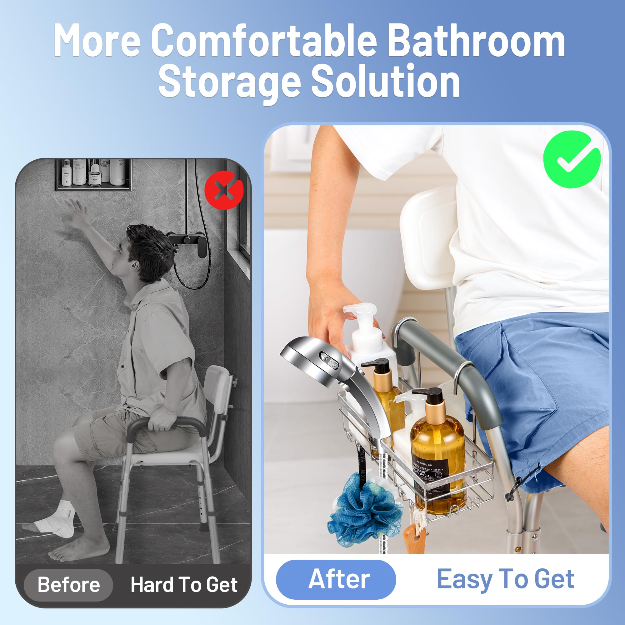 YUOROS organized-essentials view displays space for shampoo, conditioner, and body wash.