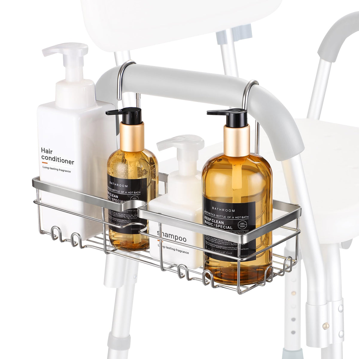YUOROS shower caddy over-chair attachment keeps bath essentials within easy reach.