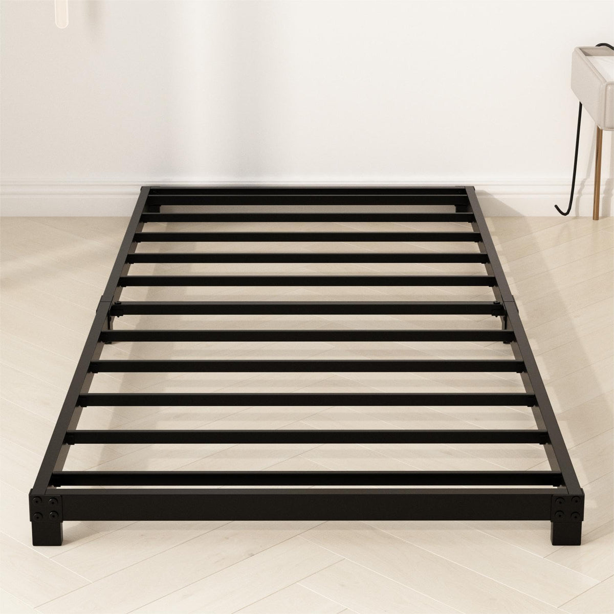 YUSENHEEI twin bed frame full view highlights sturdy metal construction for durability.