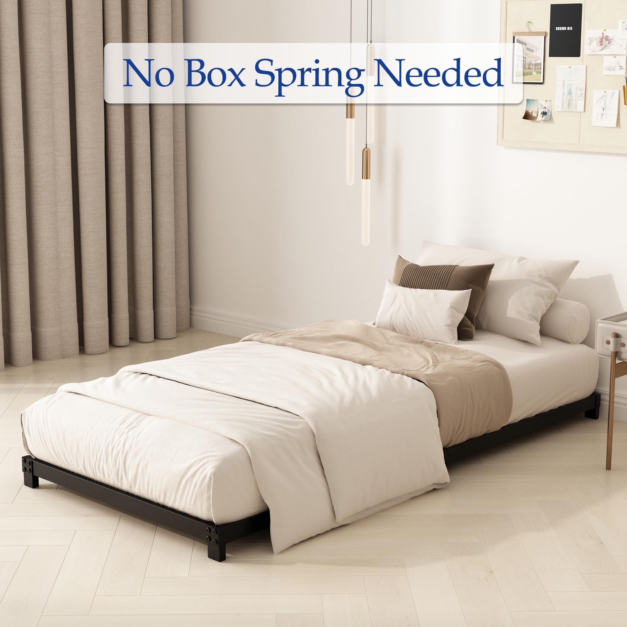 YUSENHEEI frame shown with mattress directly on frame, no box spring required.