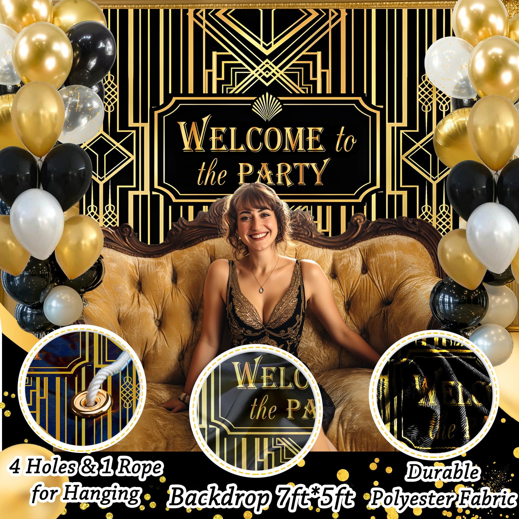 Yusino 4D foil balloons in gold and black sparkle on stage and photos.