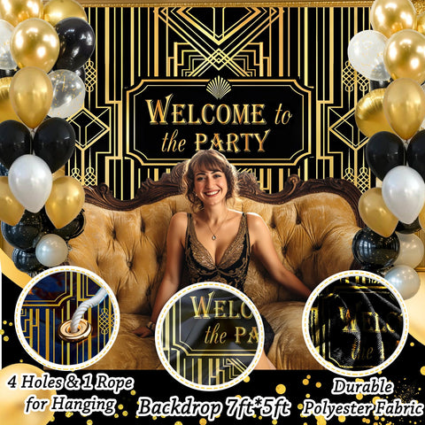 Yusino 4D foil balloons in gold and black sparkle on stage and photos.