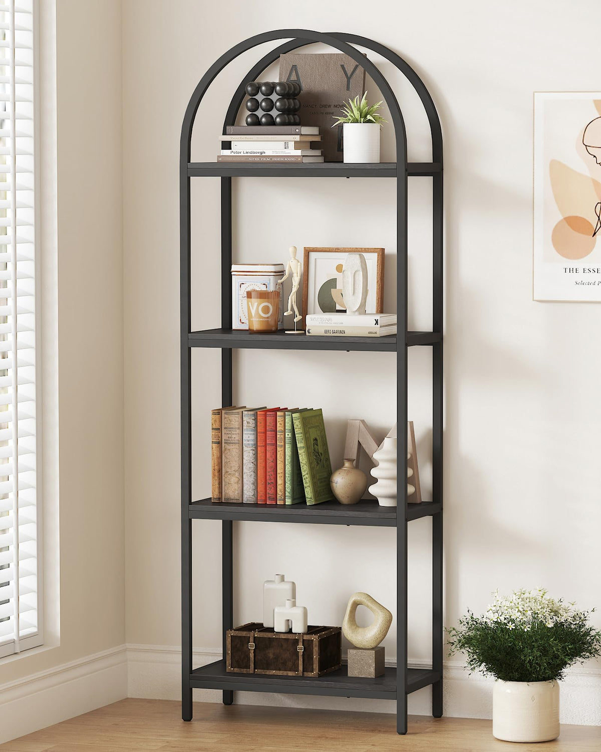 Yusong 4-tier arched bookcase front view showing ample storage for books and decor
