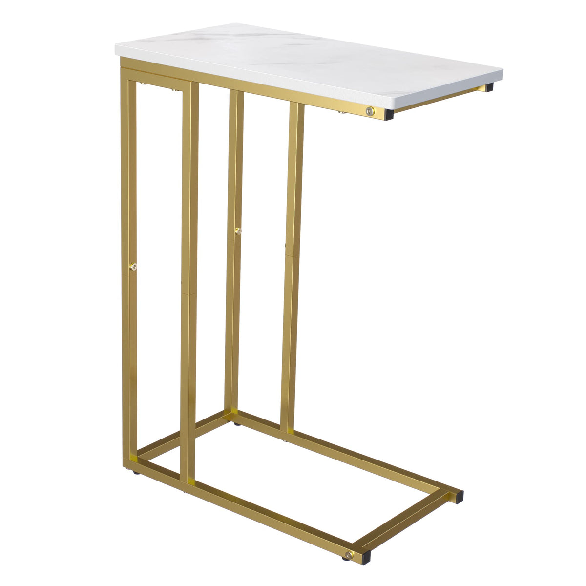 Yusong C Shaped End Table under sofa with gold-white marble top for quick drinks.