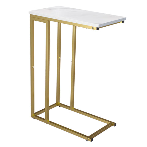 Yusong C Shaped End Table under sofa with gold-white marble top for quick drinks.