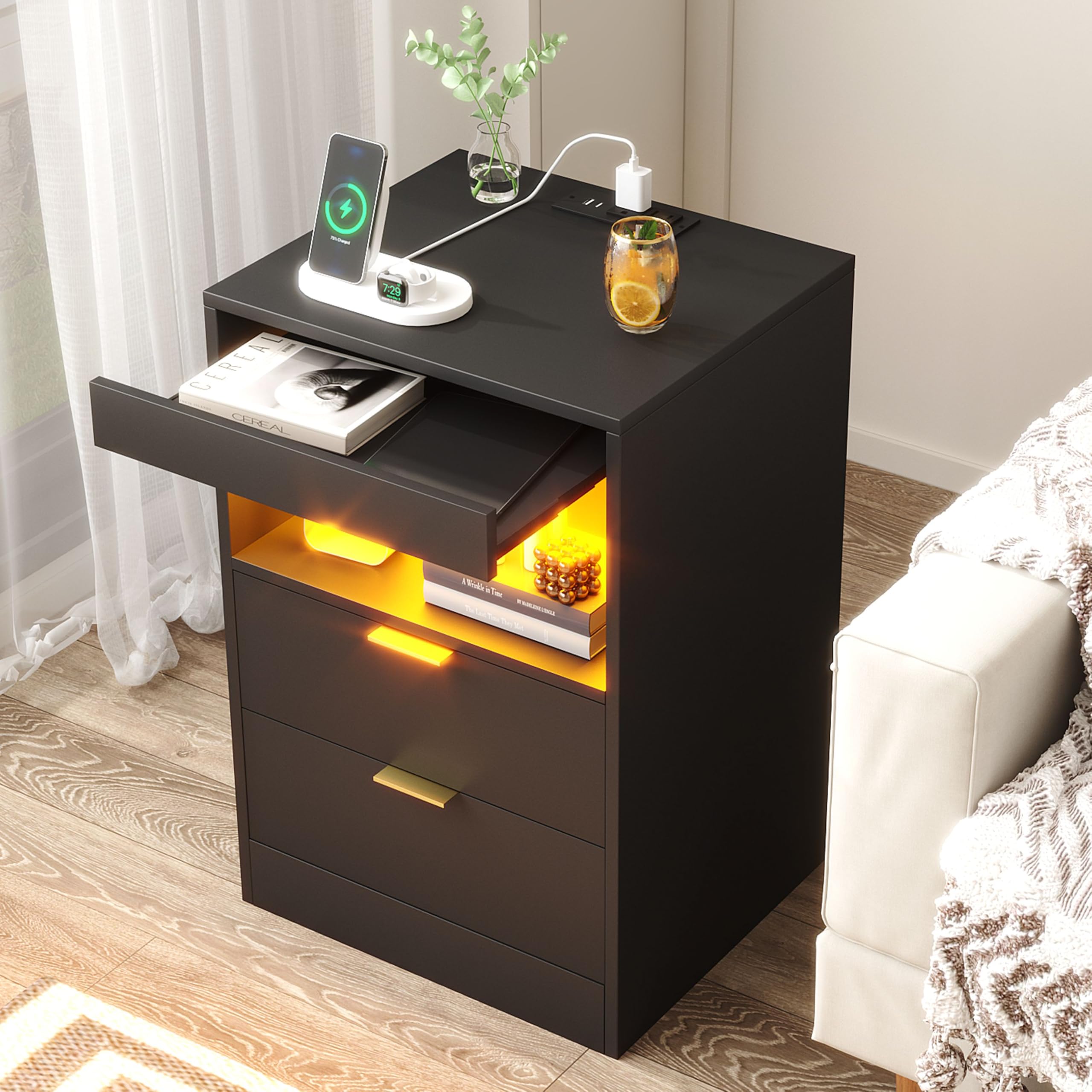 Yusong Night Stand dimensions 13.8 inches deep, 15.8 inches wide, 23.6 inches tall.