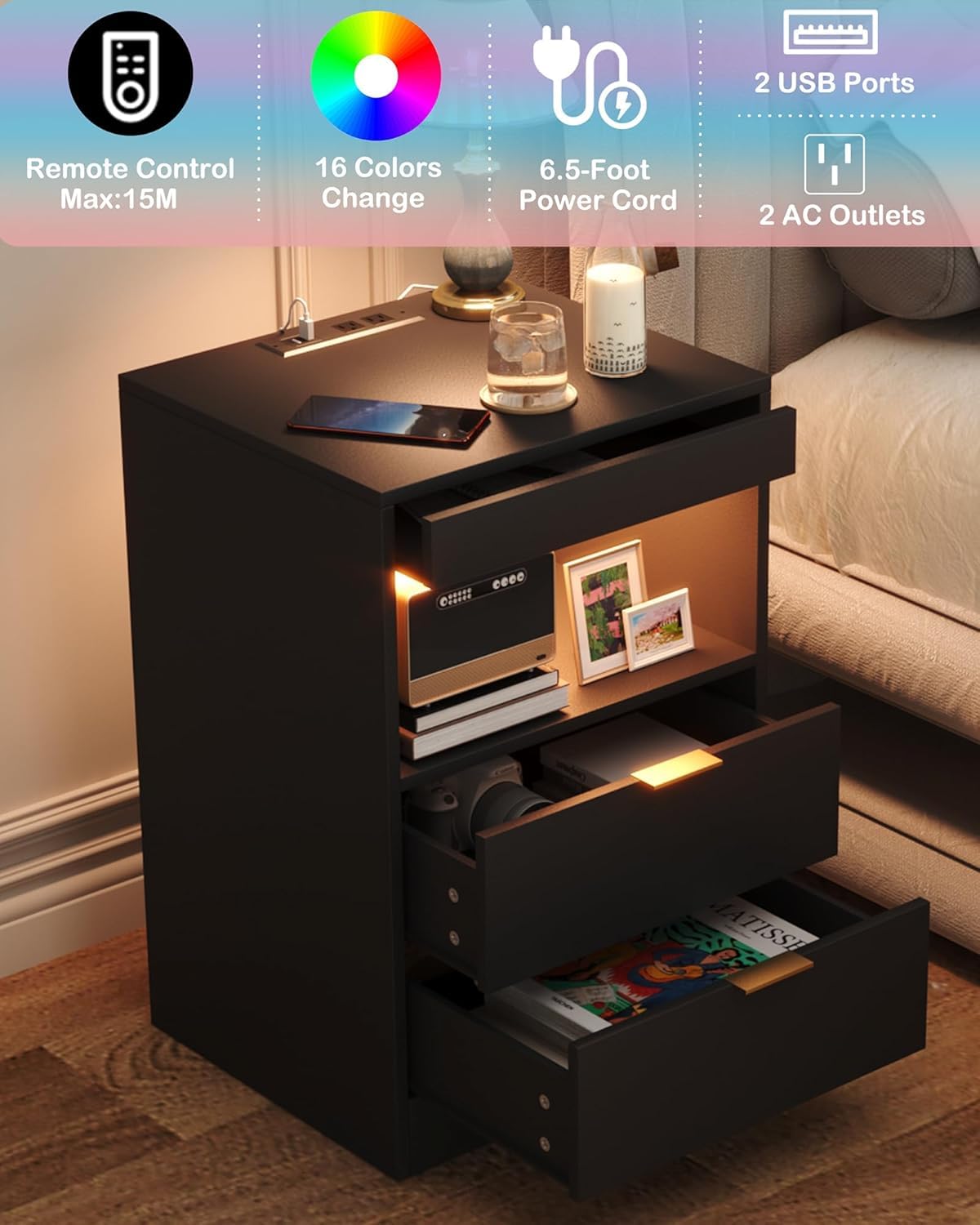Yusong Night Stand durable MDF construction supports daily use.