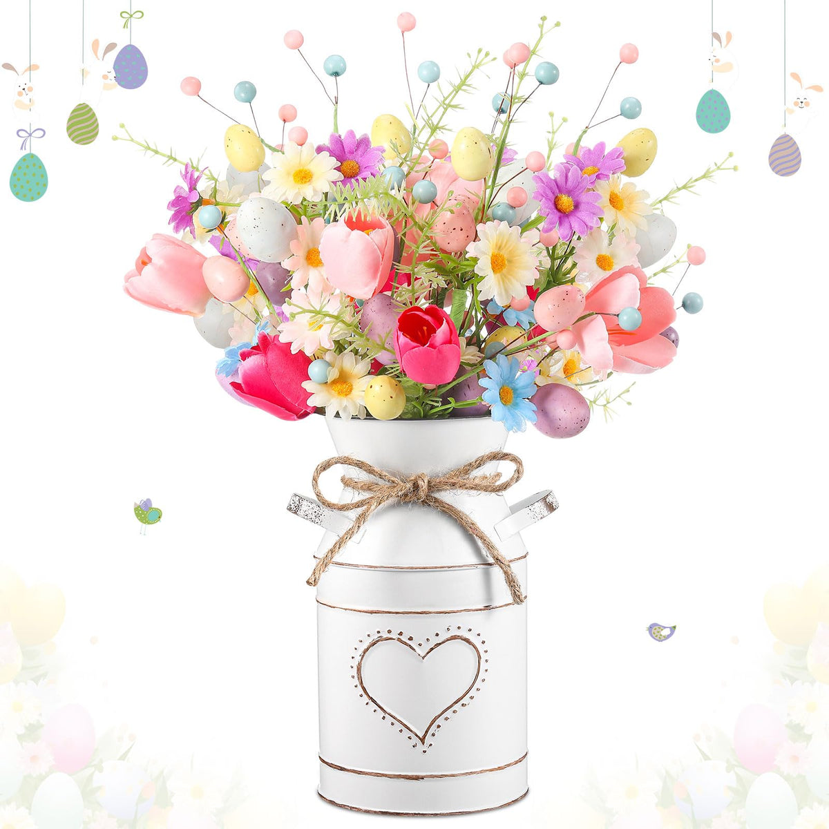 Yuxung Easter centerpiece with white bucket on a table for festive decor