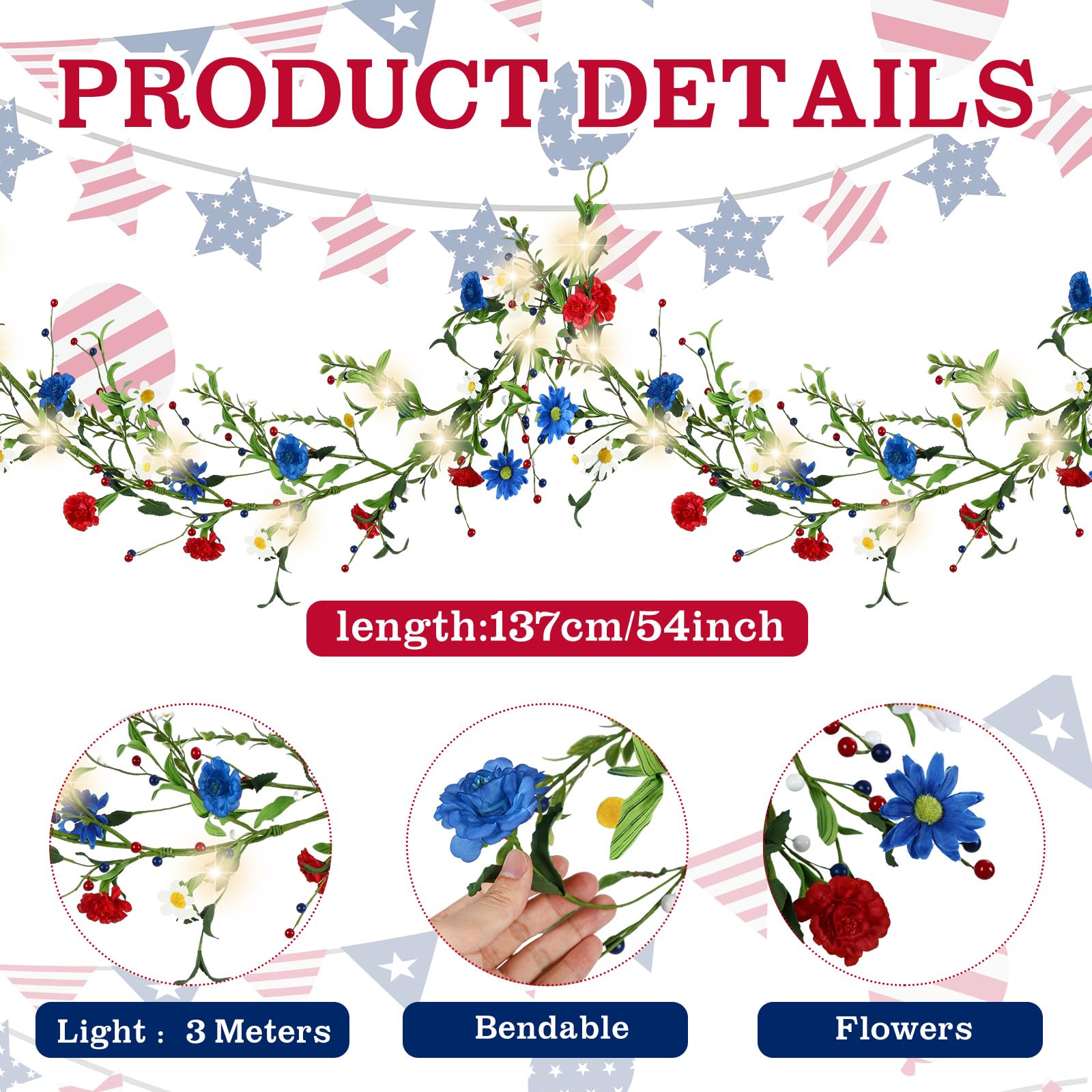 Yuxung garland patriotic blossoms for mantel display with red, white, blue accents.