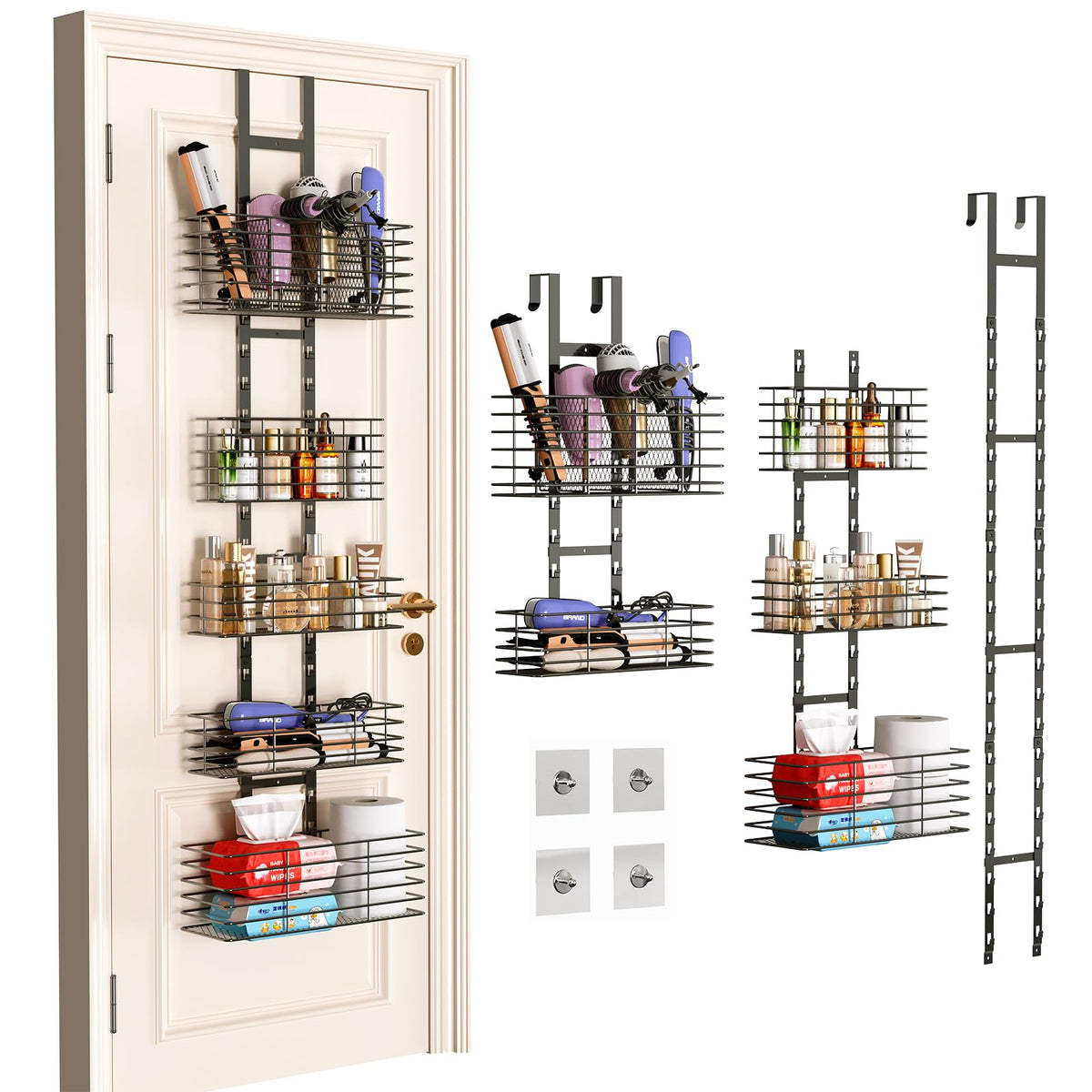 Yuyetuyo 5-tier door organizer holds hair dryer and tools, keeping a tidy bathroom.