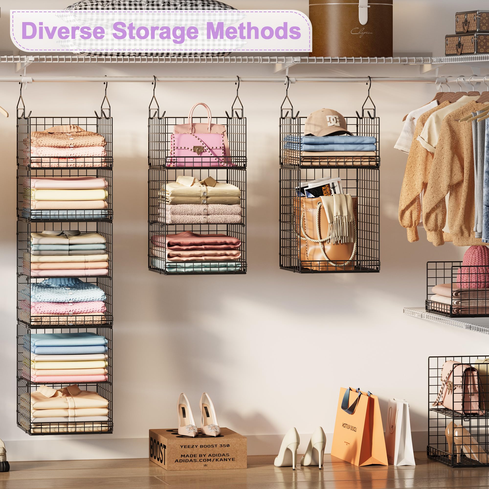 Yuyetuyo hanging baskets and hooks demonstrating versatile space-saving organization