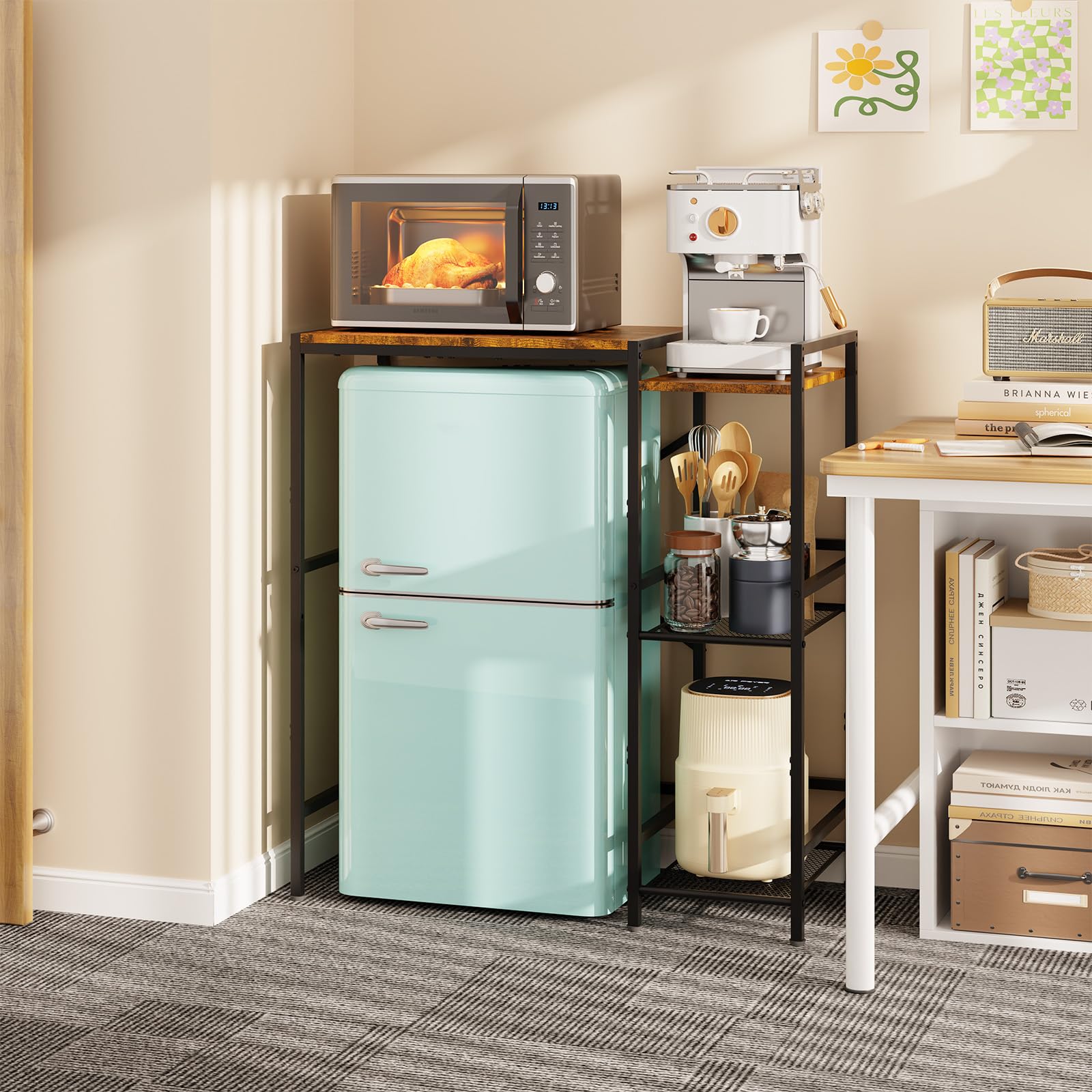 Yuyetuyo mini fridge stand accommodates microwave and small appliances.