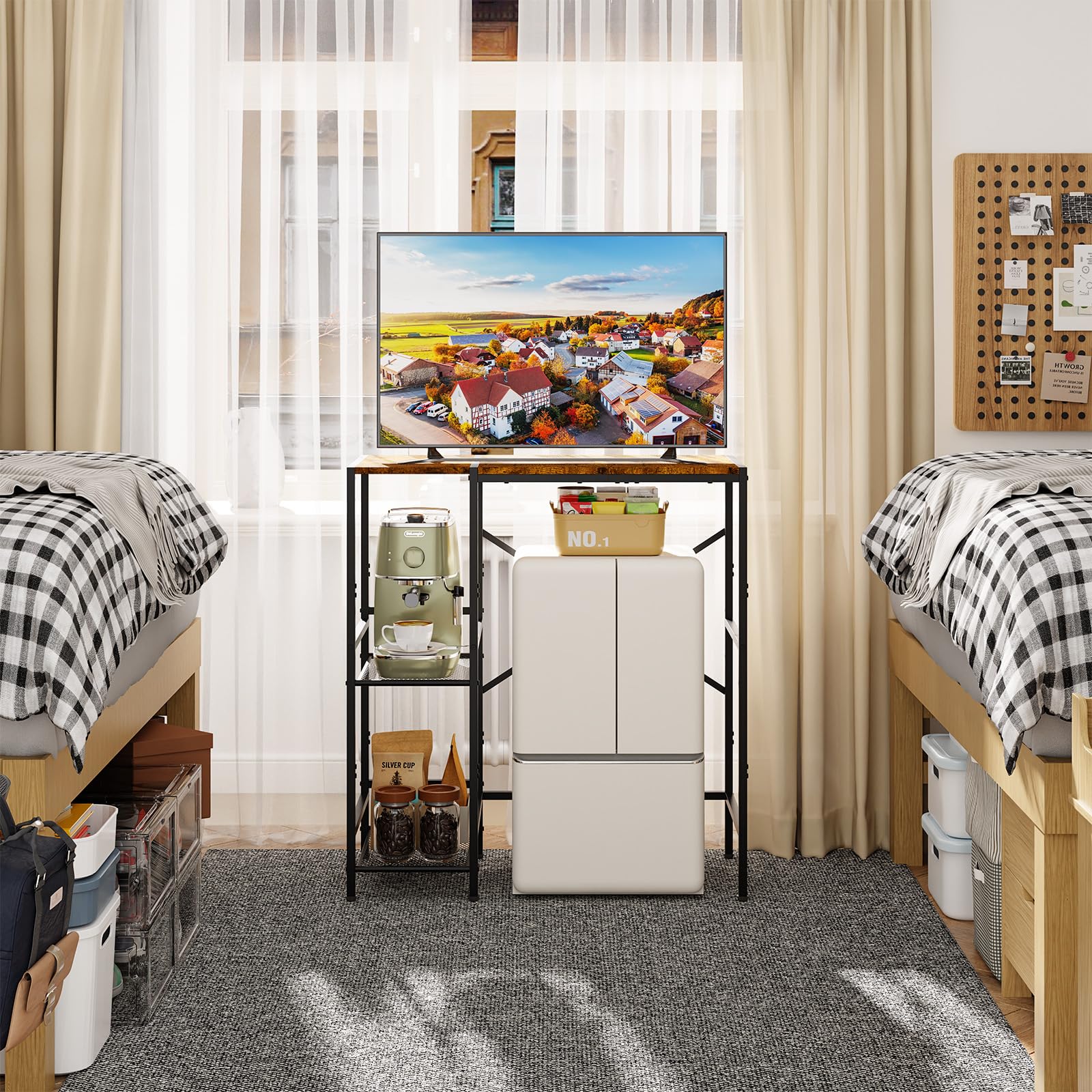 Yuyetuyo mini fridge stand holds a TV up to 32 inches for compact living.