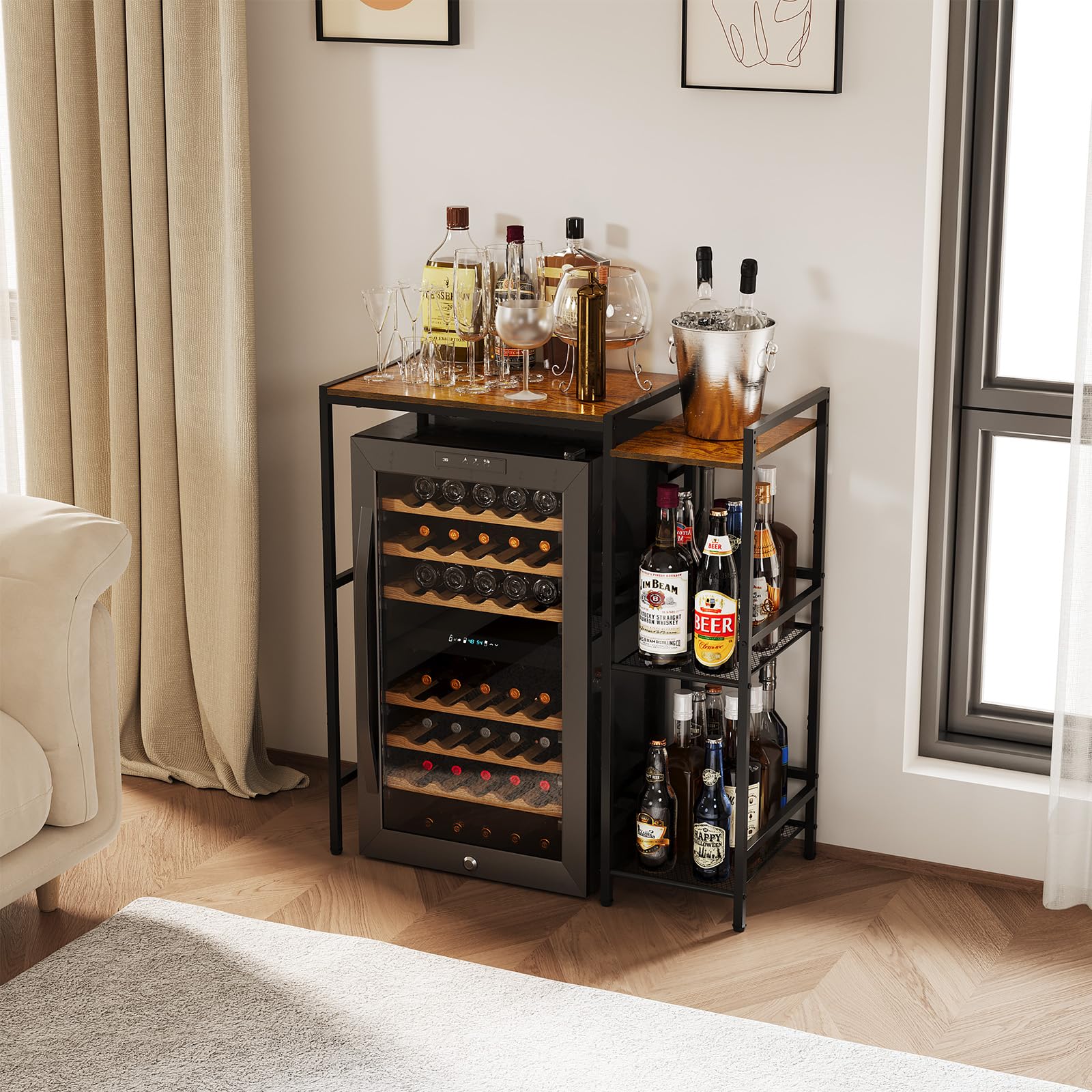Yuyetuyo mini fridge stand features vintage wood panels with a metal frame.