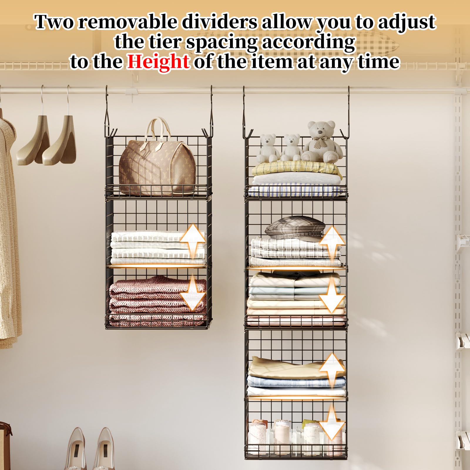 Yuyetuyo sturdy hanging hooks support baskets on the closet rod.