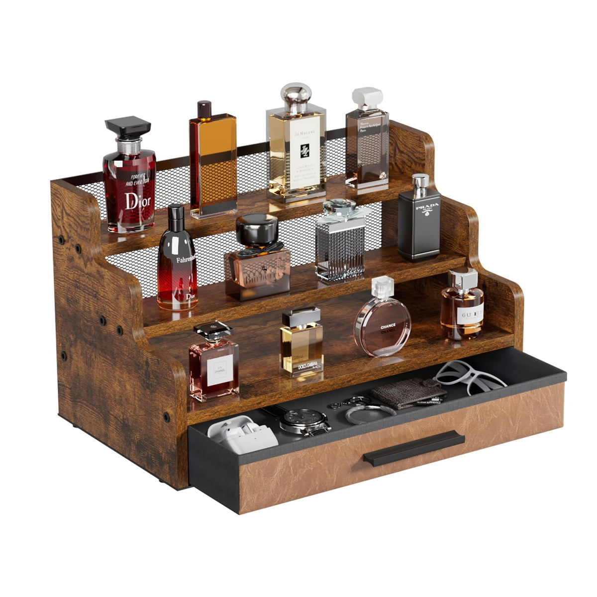 Yuzehuaza 3-tier Cologne Stand with Drawer showing organized perfumes and cosmetics on a stylish display