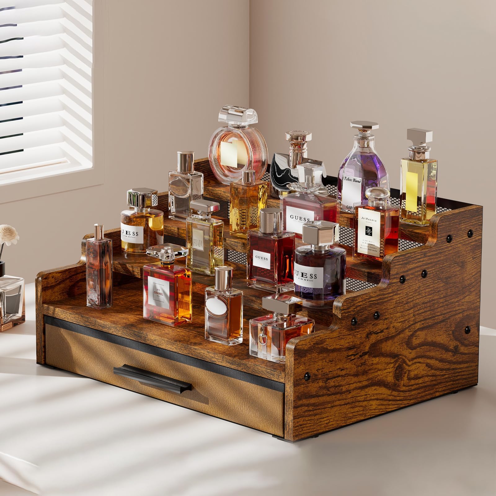 Yuzehuaza 4-tier Cologne Organizer on a dresser displays fragrances neatly.