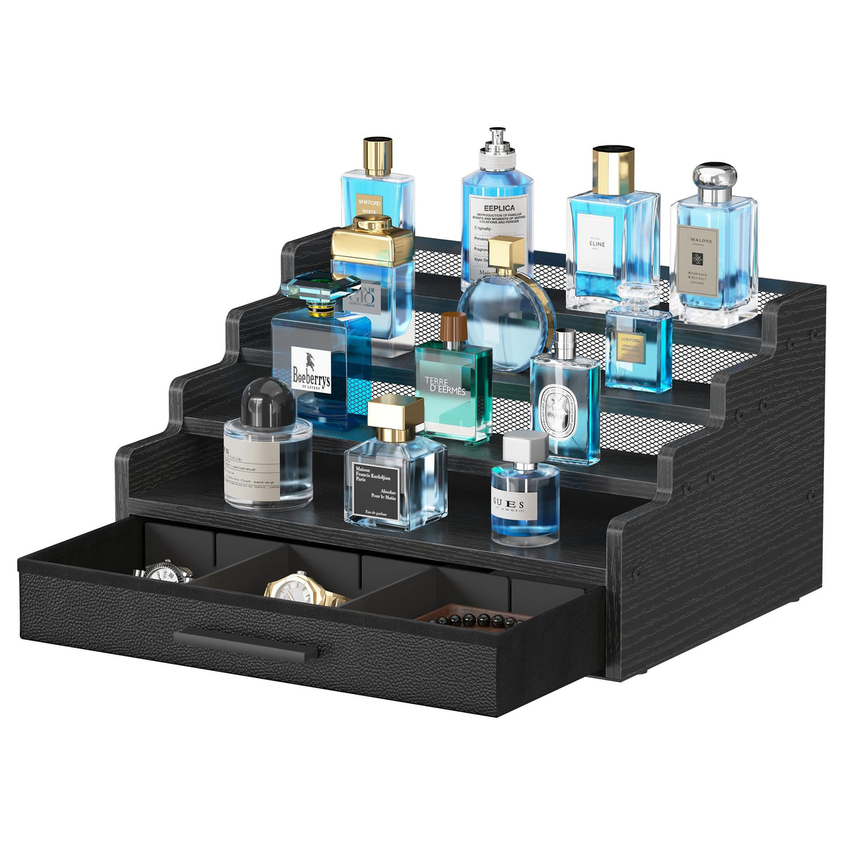 Yuzehuaza 4-tier organizer on dresser for fragrances and watches, organized at a glance.