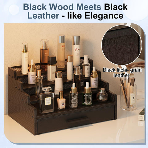 Yuzehuaza black wood display shelf shows colognes and grooming items within reach.
