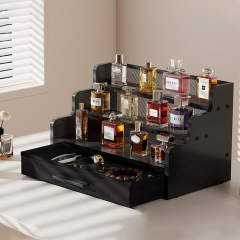 Yuzehuaza Cologne Organizer 3-Tier Black keeps bottles neatly displayed.
