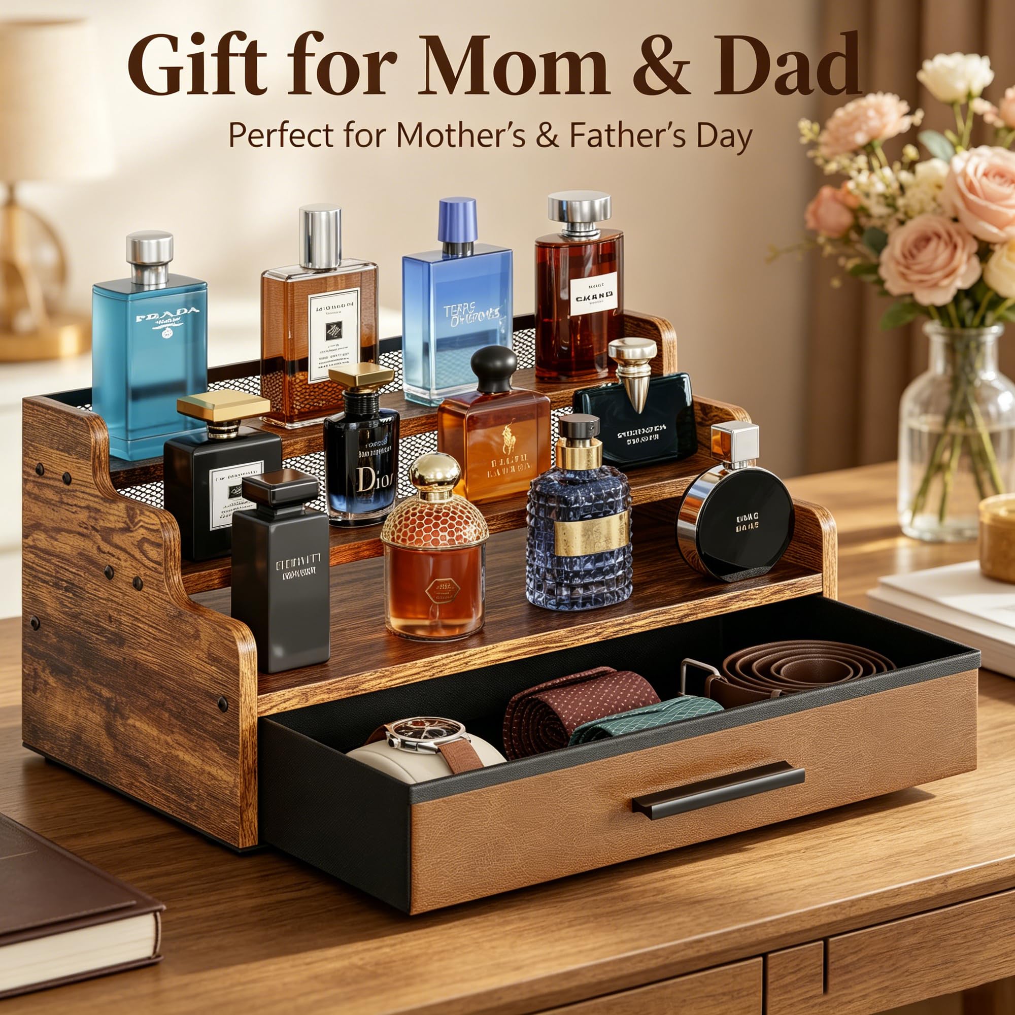 Yuzehuaza wooden Cologne Stand side view highlighting the warm rustic finish and sturdy build