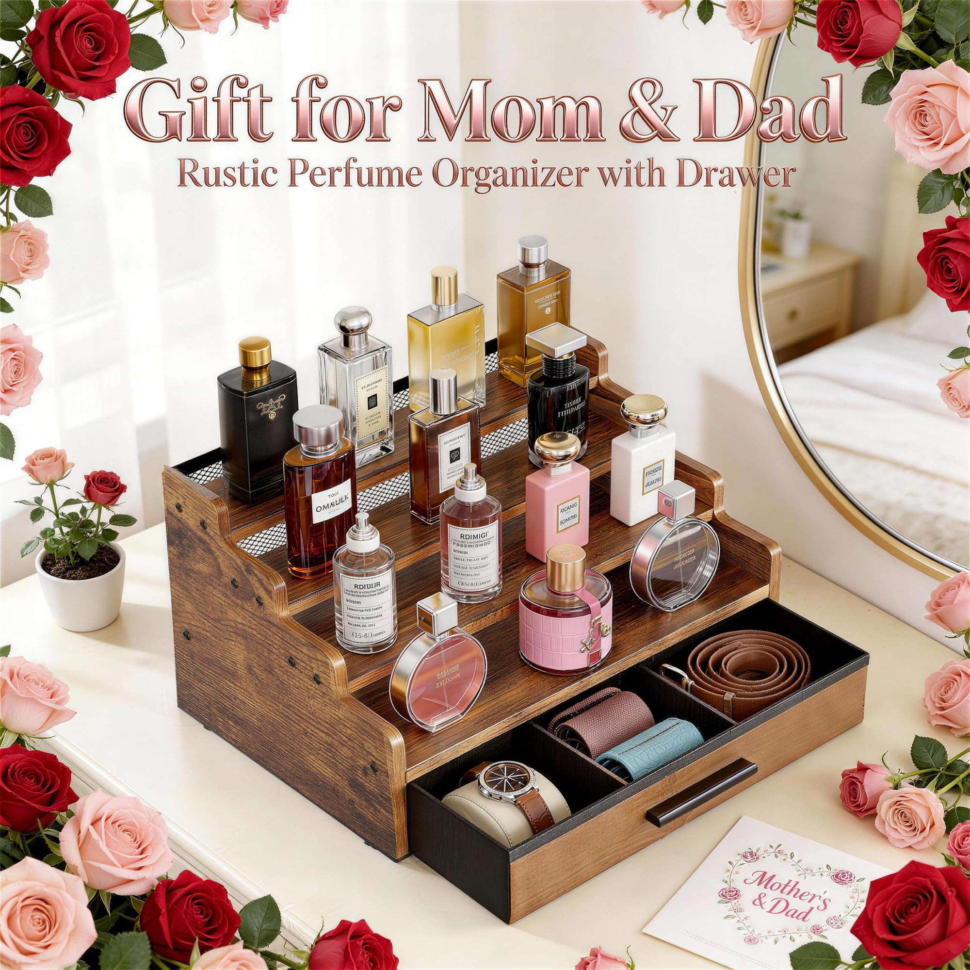 Yuzehuaza wooden perfume shelf with a drawer keeps watches and cosmetics organized.