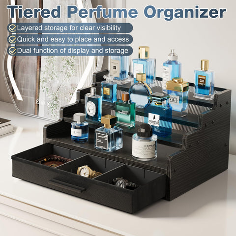 Yuzehuaza wooden perfume stand with drawer, keeping bottles safe and neatly arranged.