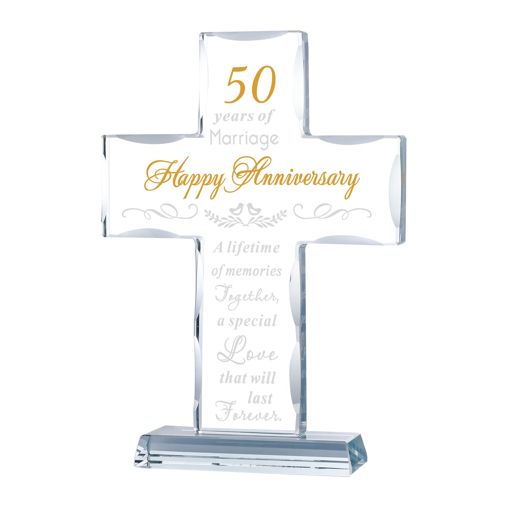 YWHL 50th anniversary glass cross on a display stand, ideal for living room decor.