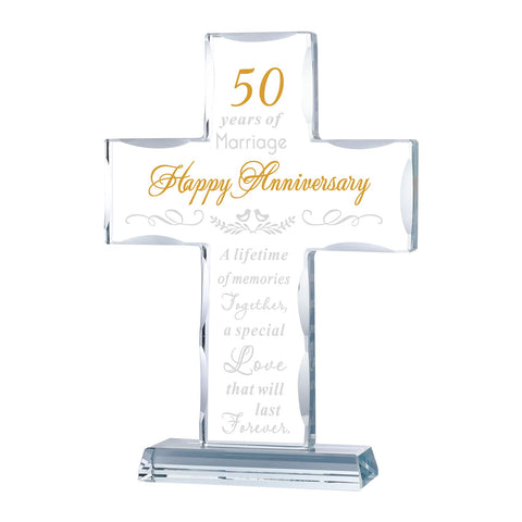 YWHL 50th anniversary glass cross on a display stand, ideal for living room decor.