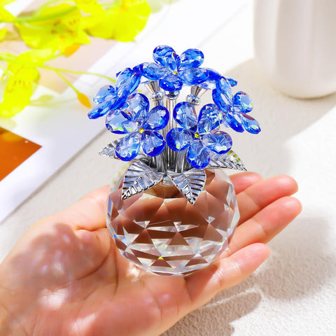 YWHL blue crystal forget-me-not figurine, side view, elegant tabletop decor that catches light