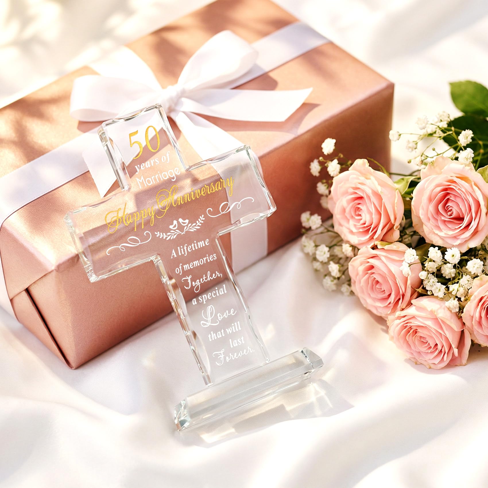 YWHL glass cross laser-engraved close-up shows a durable keepsake message.