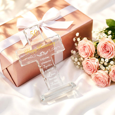 YWHL glass cross laser-engraved close-up shows a durable keepsake message.