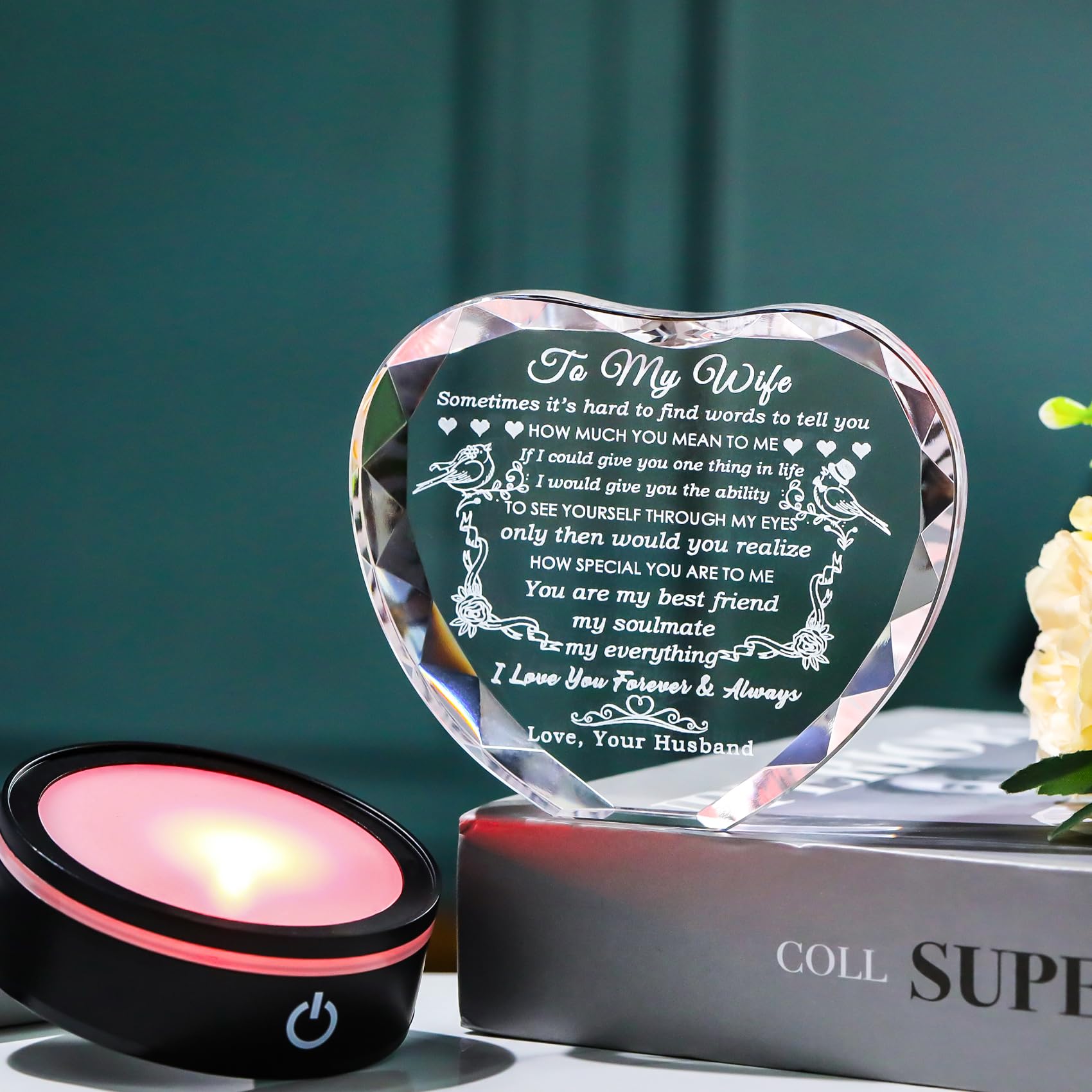 YWHL crystal heart on a table as elegant birthday gift for wife