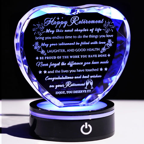 YWHL crystal heart keepsake displayed on LED base with soft glow