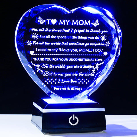 YWHL crystal heart keepsake with engraved message for mom