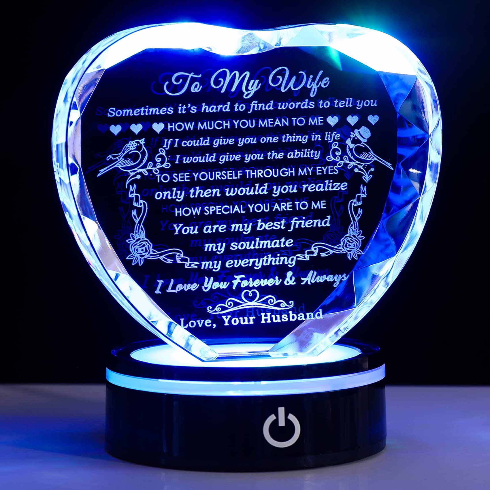 YWHL crystal heart with LED base glows warmly for anniversaries
