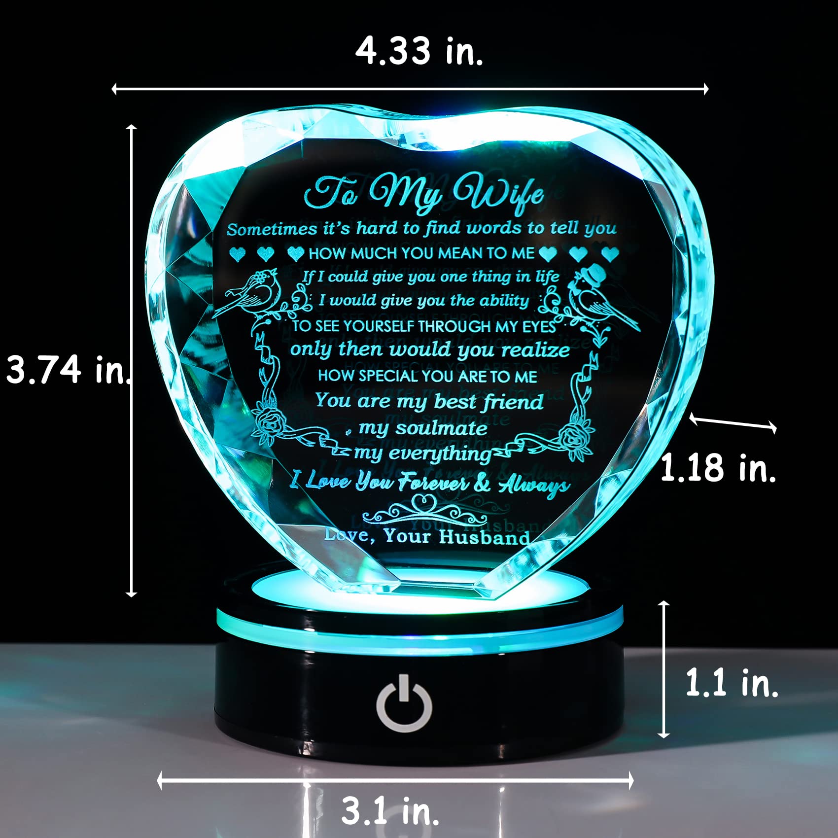 YWHL crystal heart with six color LED modes creates ambiance