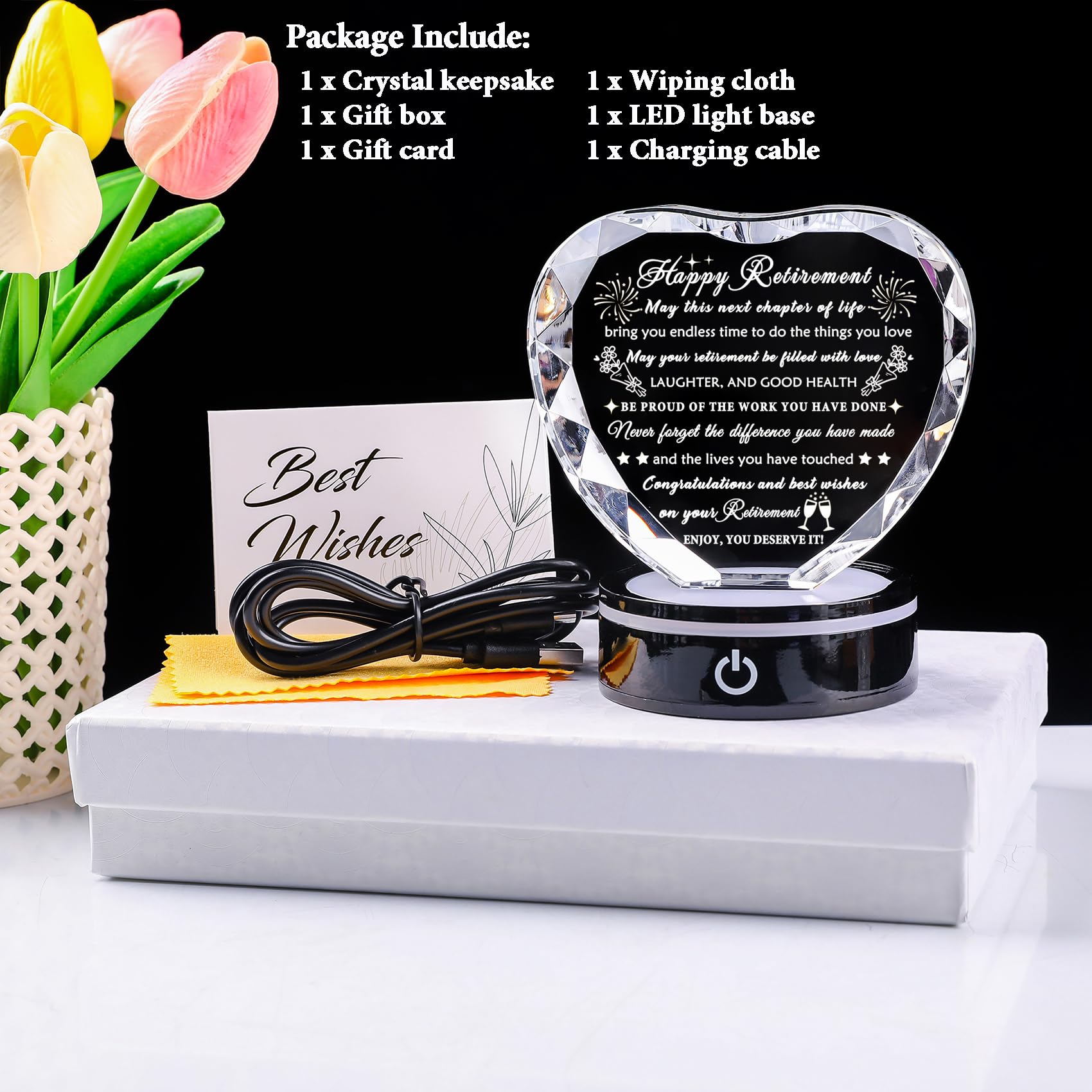 Gift box includes cloth, card, and charging cable for easy gifting