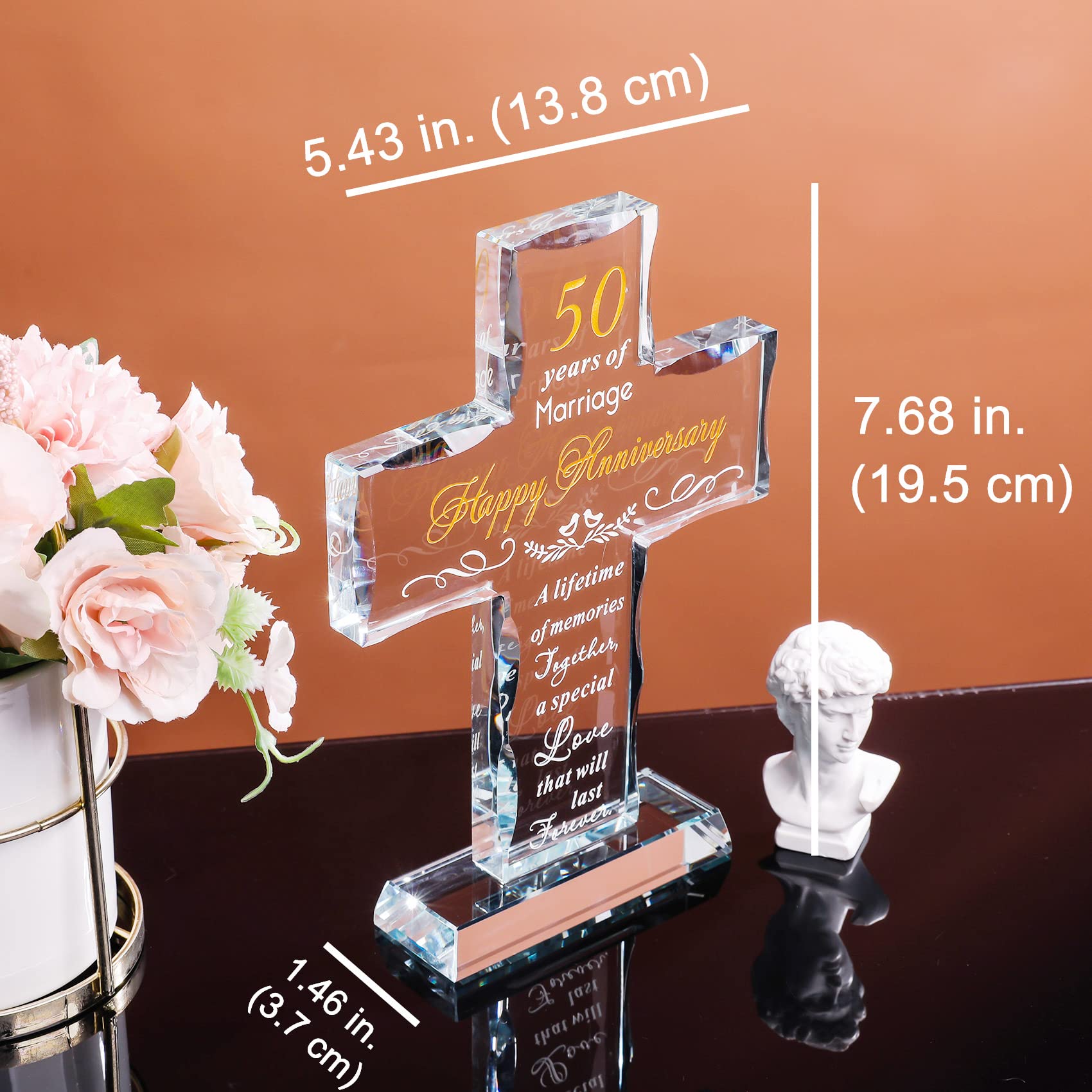 YWHL glass cross with base detail for stable tabletop display.