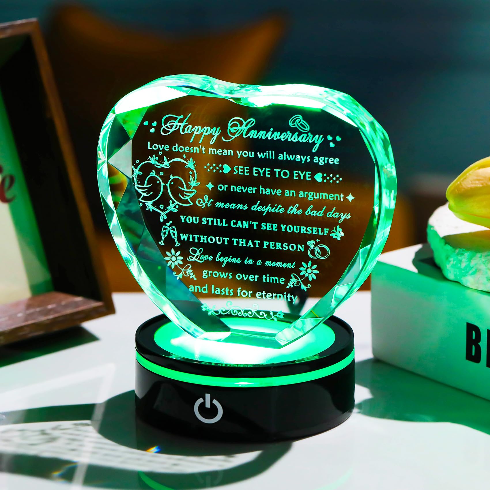 LED base lights the crystal to reveal the engraved message