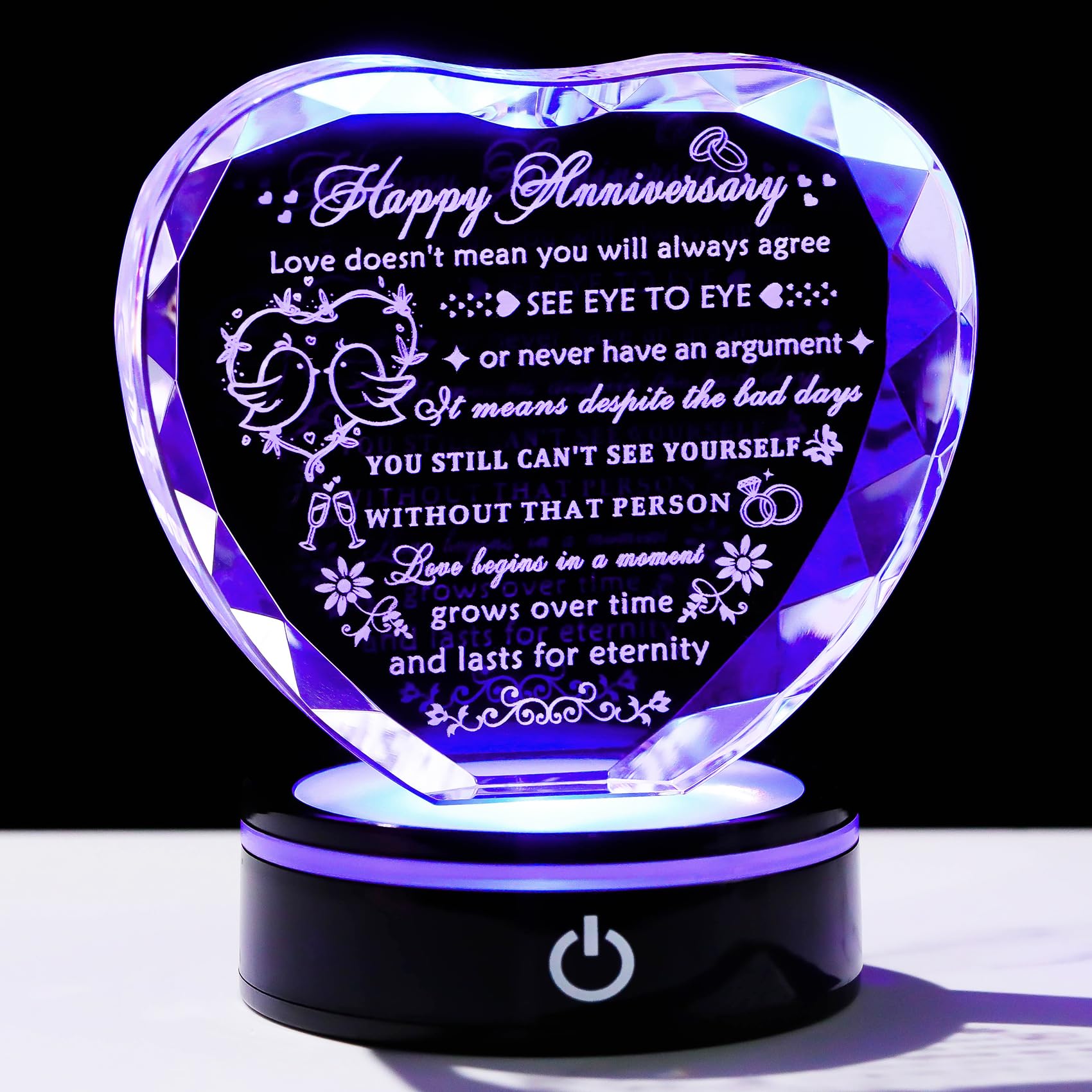 YWHL crystal heart with LED base shines as a romantic anniversary keepsake