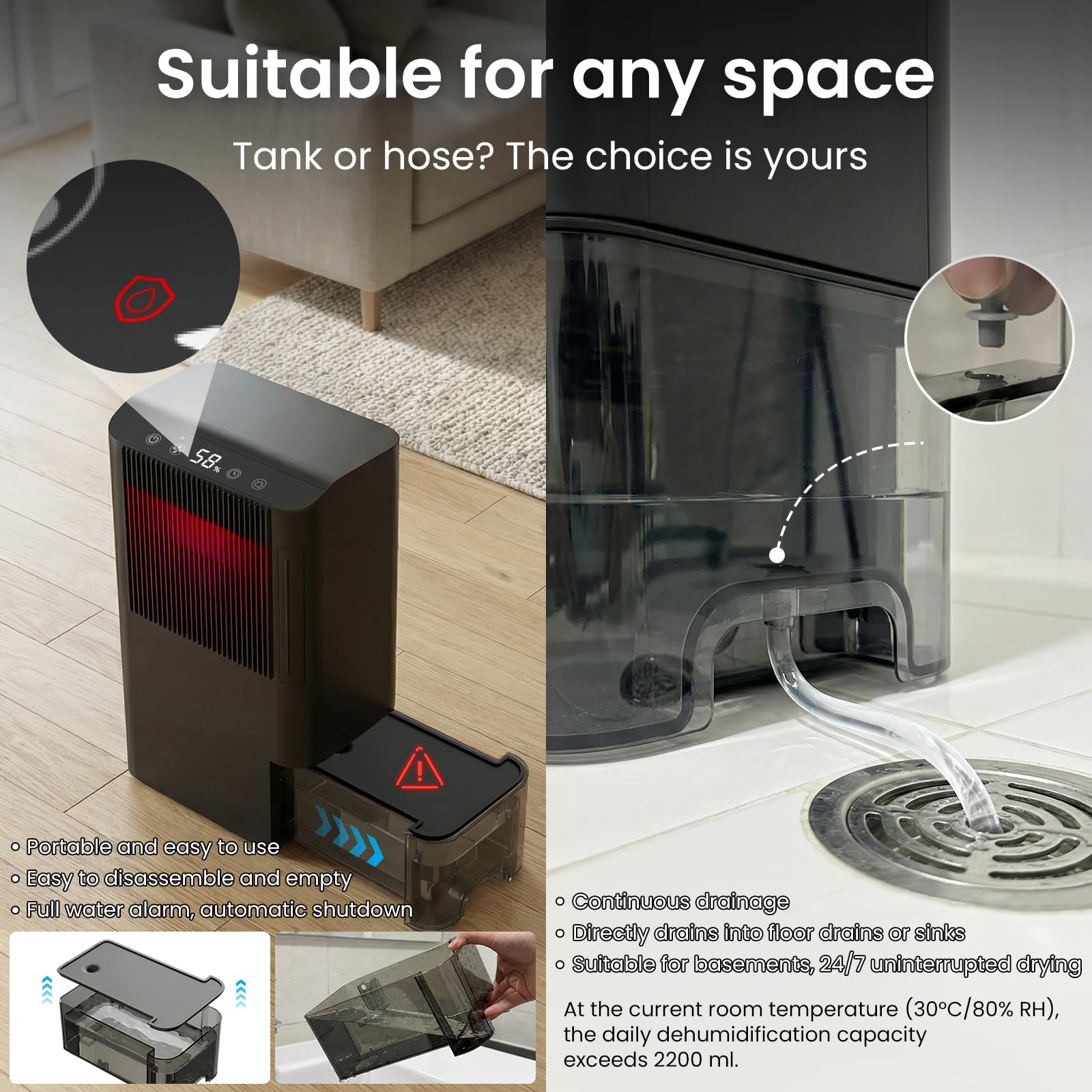 YXYUENSR dehumidifier auto-shutoff with drain hose prevents overflow.