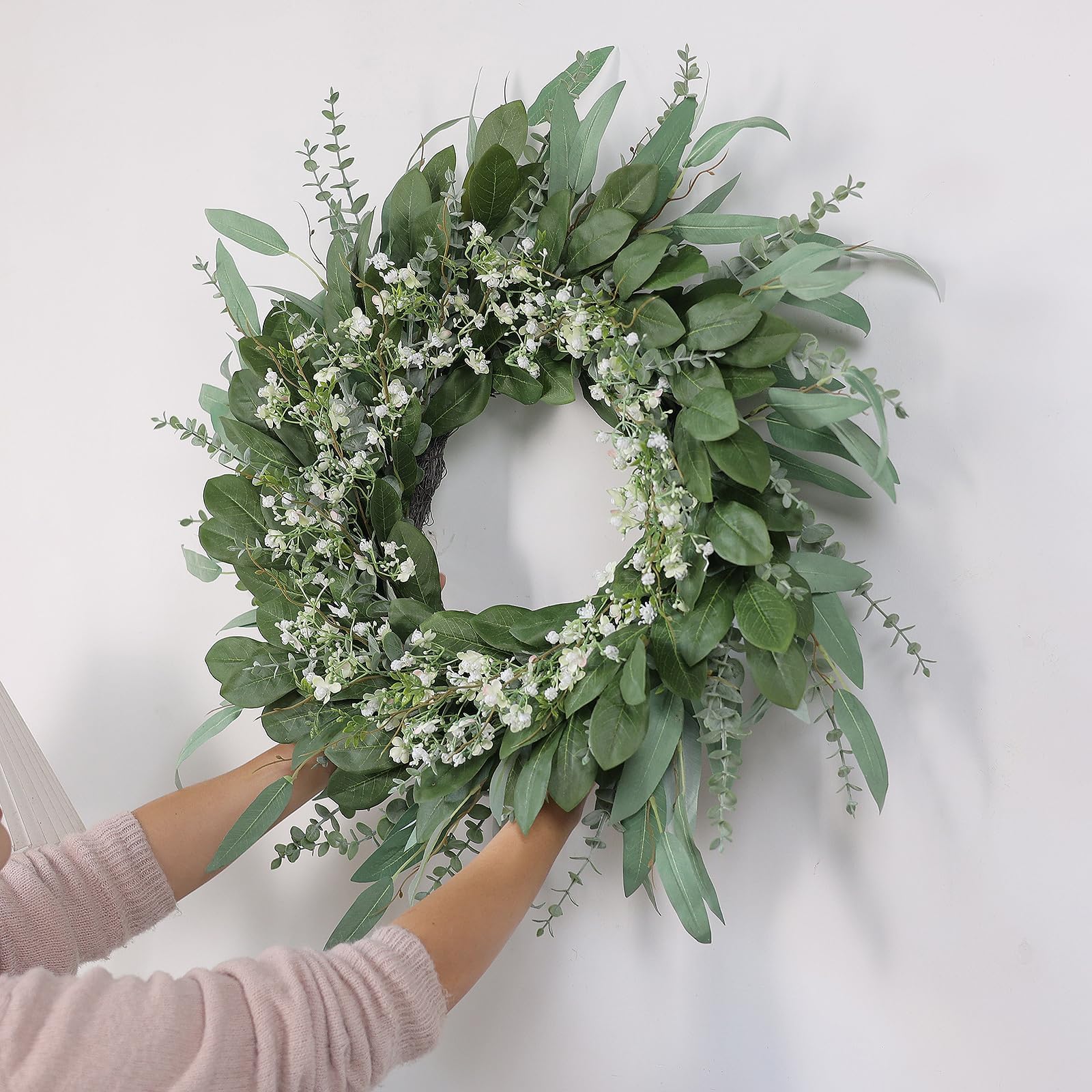 YXZZWL Green-white front door wreath for versatile indoor or outdoor display.