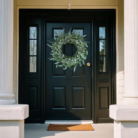 YXZZWL Lifelike eucalyptus wreath close-up highlights silky leaves and delicate blooms.